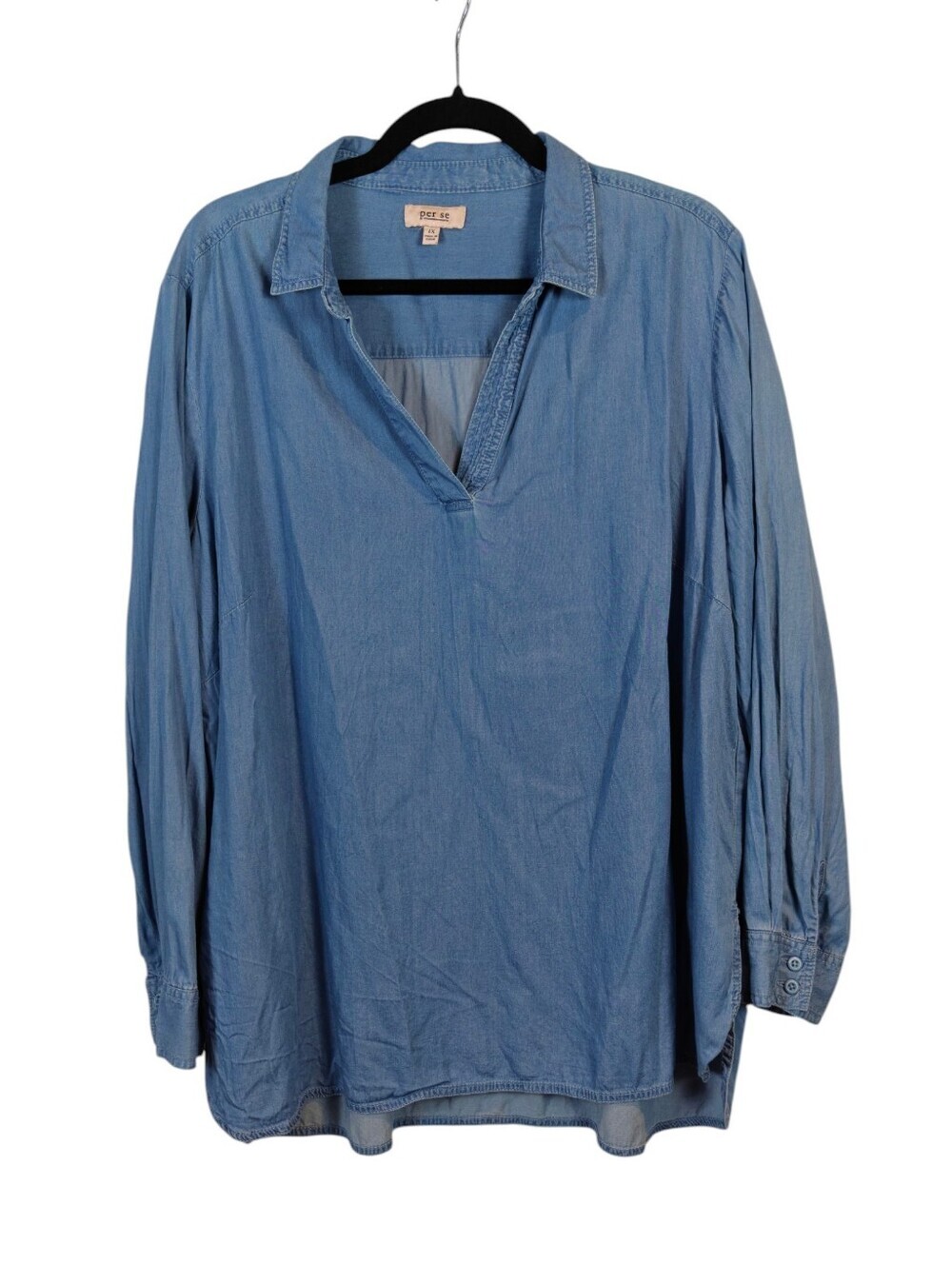 PER SE Cotton Blend Denim Light Blue Chambray V-Neck Tunic Size 1X